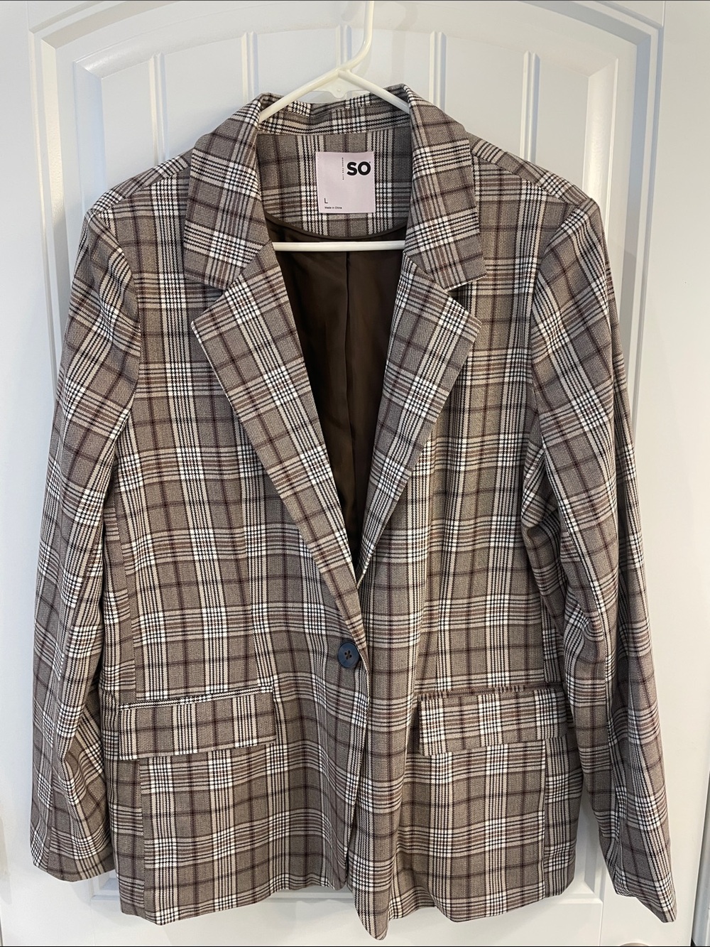 SO women’s Taupe Plaid Single-Button Blazer